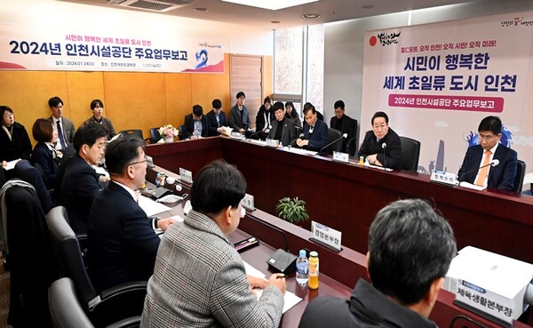 ▲유정복 시장이 24일 계양구 인천어린이과학관에서 인천시설공단 2024년 주요 업무보고를 받고 있다.